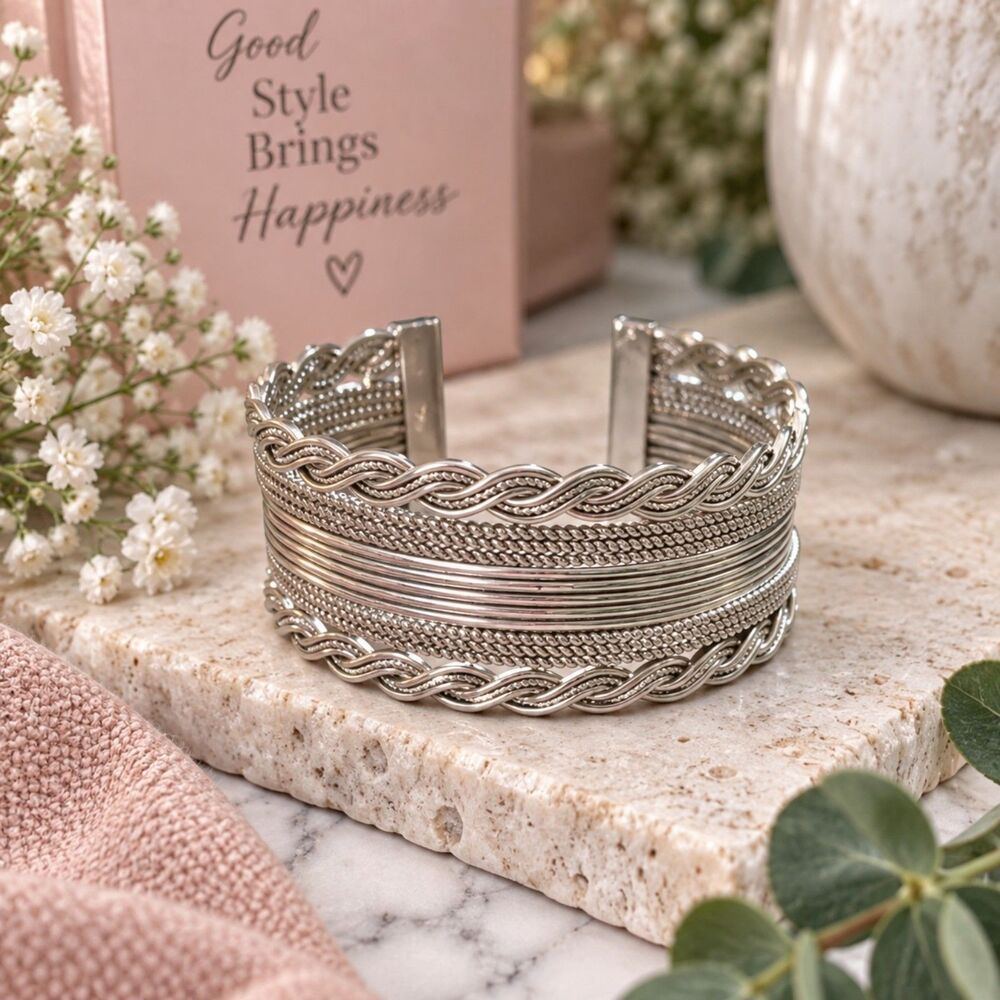 Silver Tone Braided Cuff Bracelet, Wide Textured Boho Statement Jewelry 6.5"